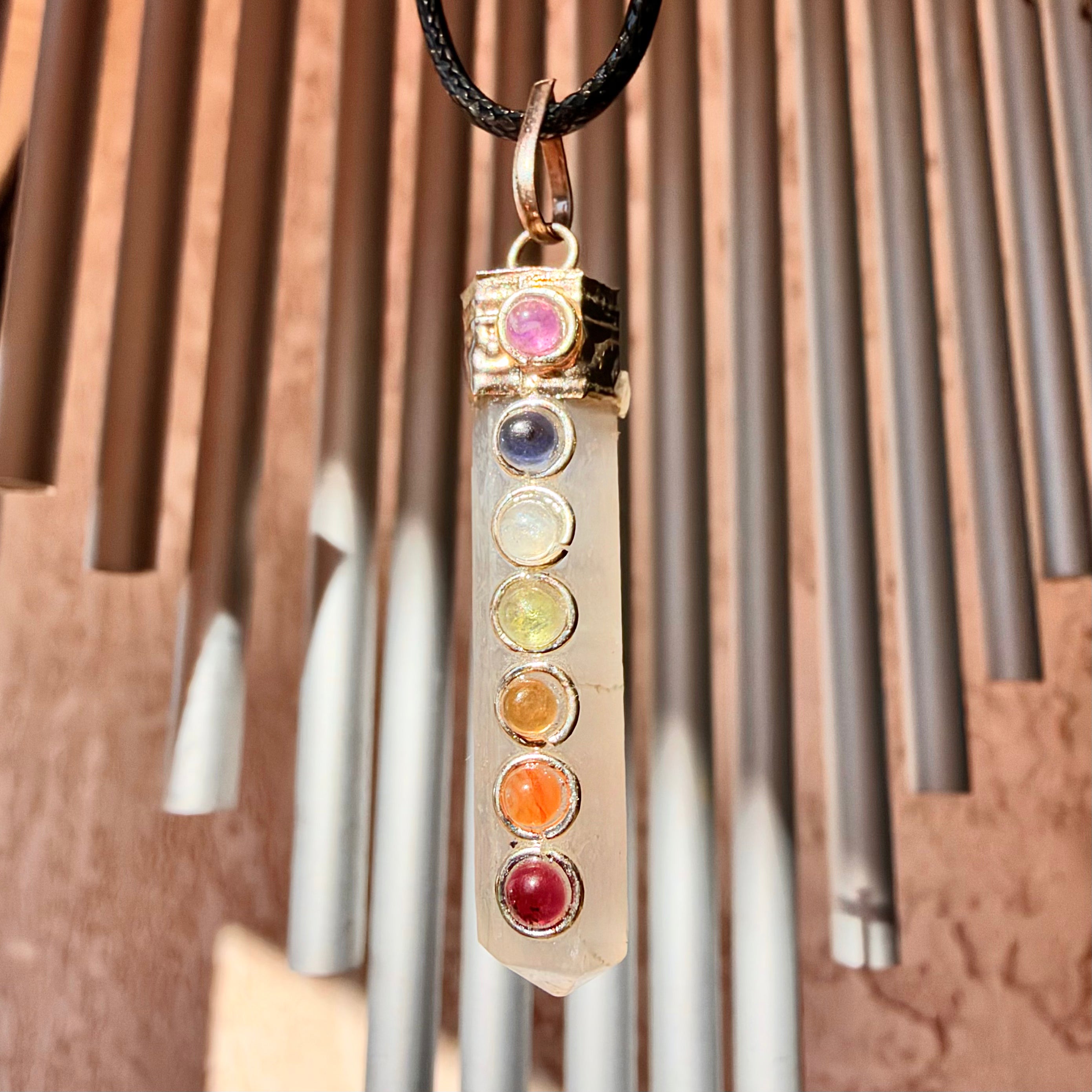 Selenite 7 Chakra Gem Chips Pendant #2