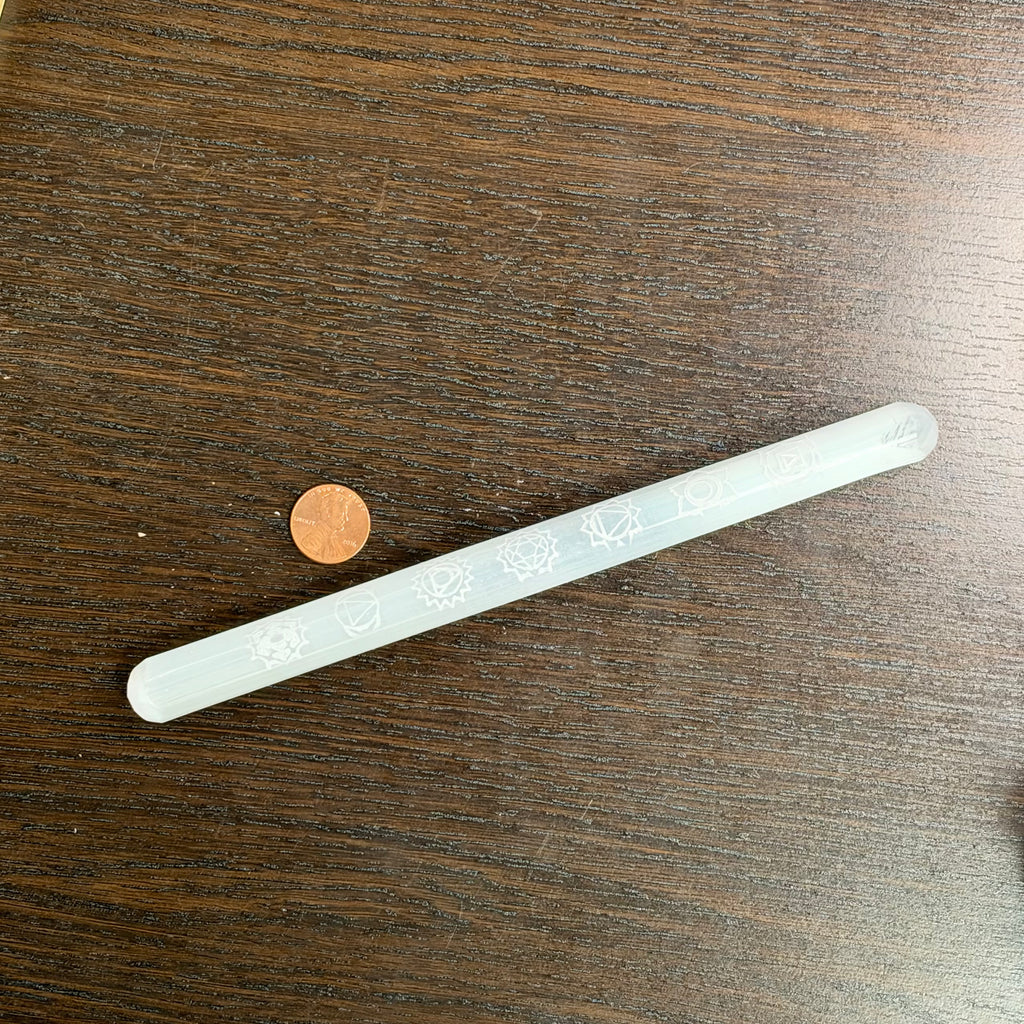 Selenite - Polished Gemstone 7.5” Chakra Engraved Wand