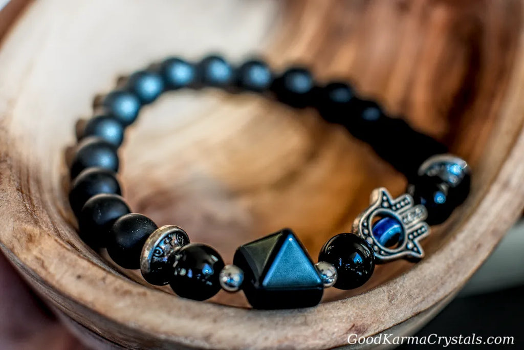 Black Obsidian -Pyramid Hand Charm Bracelet