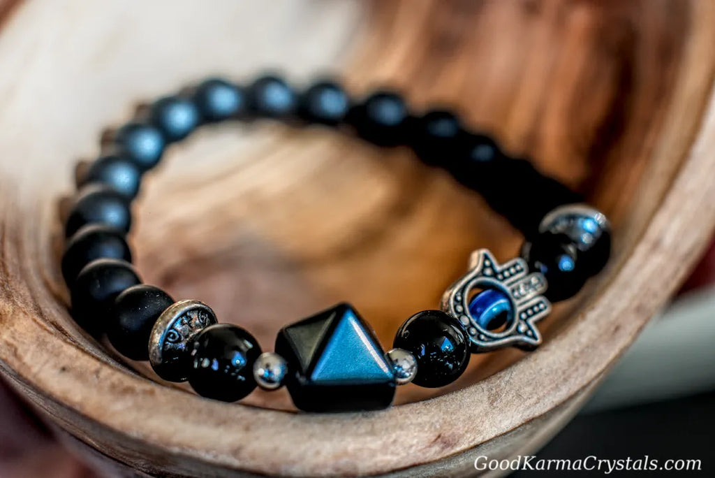 Black Obsidian -Pyramid Hand Charm Bracelet
